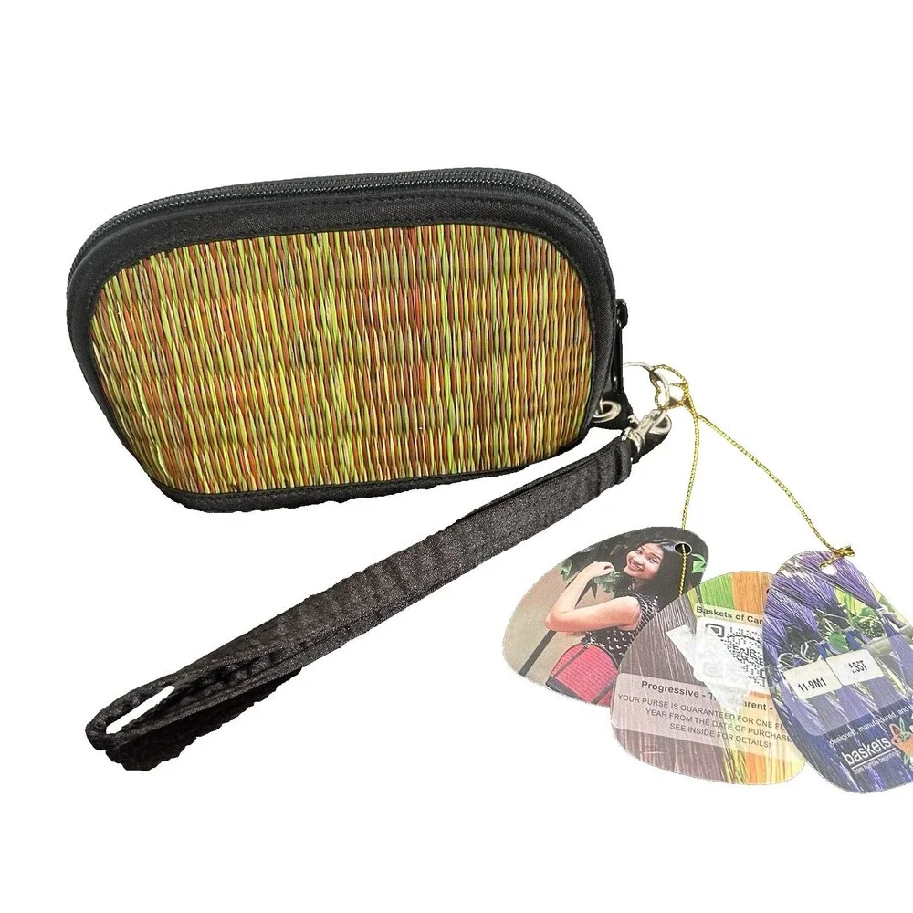 Baskets of Cambodia Cosmetic Bag Wristlet Handmade Green Woven Seagrass Purse